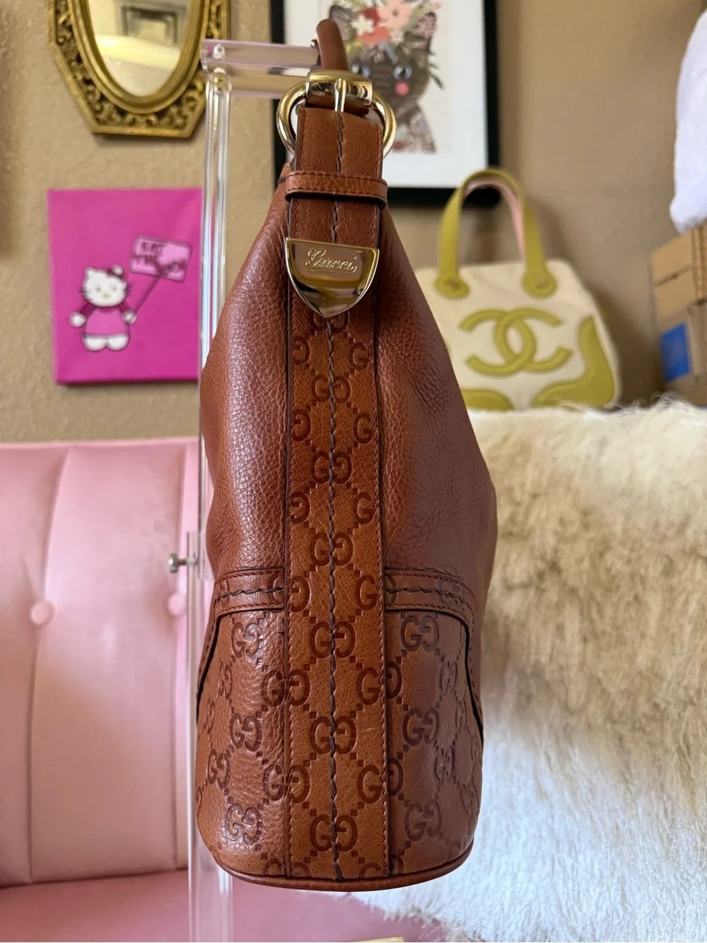 💯Auth! GUCCI Guccisimo Signoria Brown Leather Hobo Shoulder Bag w Gold Hardware - Picture 4 of 16